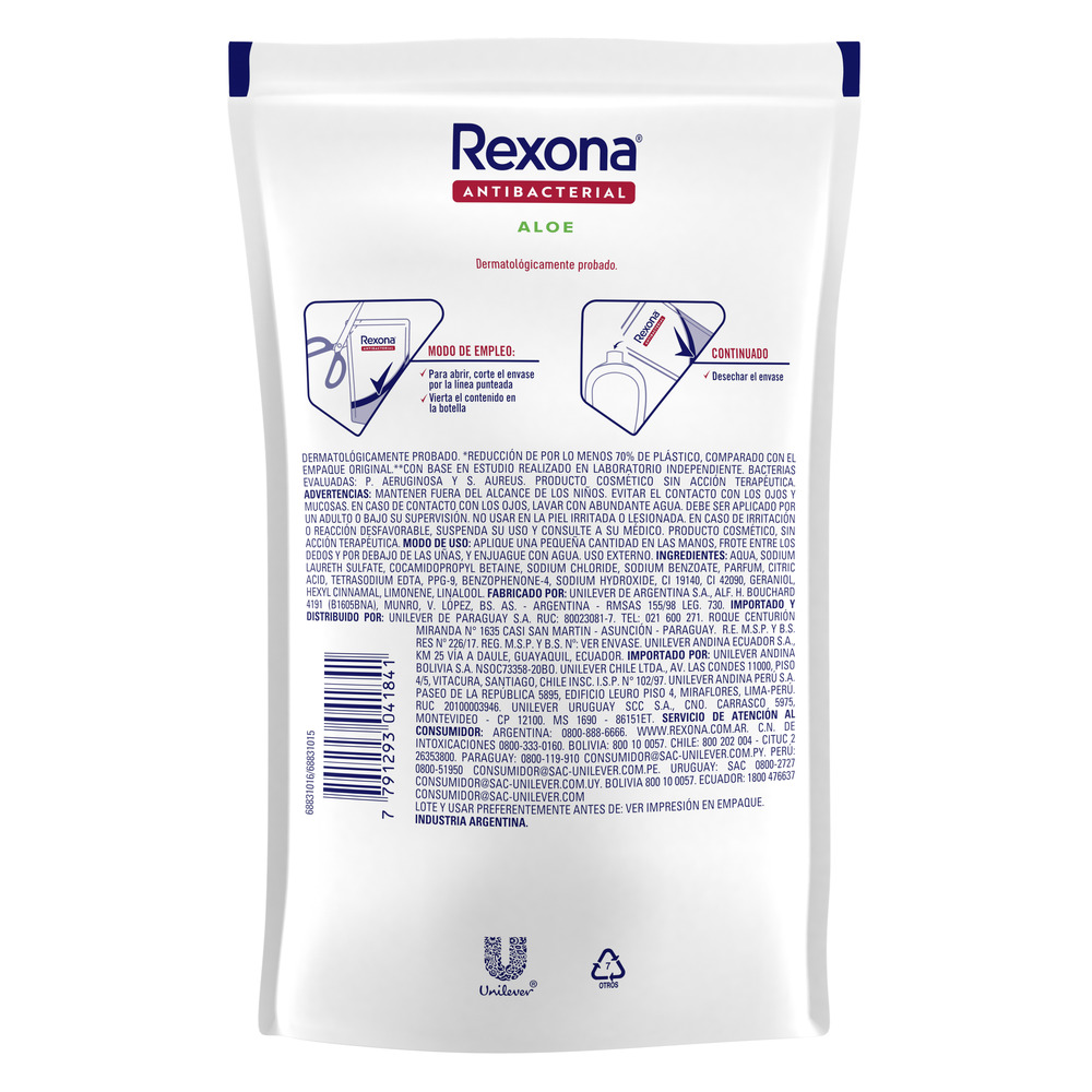 Rexona Jabón Liquido para Antibacterial Aloe Recarga Económica 220 ml