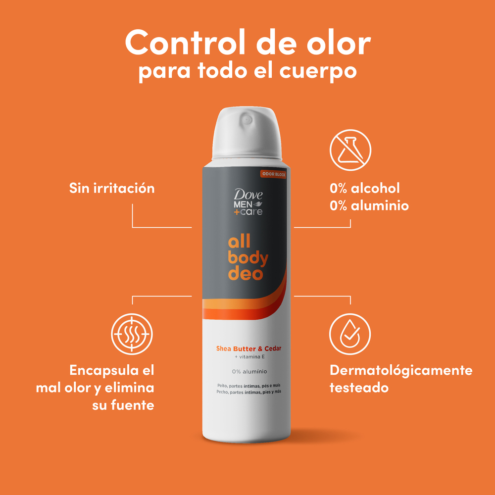 Dove Desodorante en Aerosol para Todo el Cuerpo Men All Body Shea Butter y Cedar 150 ml